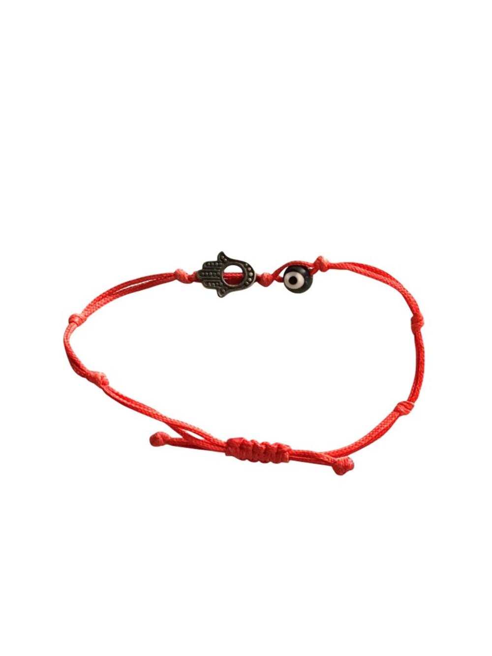 RED ADJUSTABLE BRACELET WITH EVIL EYE AND HAND CHARM